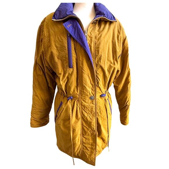 VTG 80s White Tiger Ski Jacket Womens sz XS Yellow Mustard Purple Down Winter - Picture 1 of 9